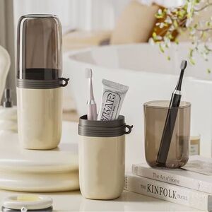 Cream and Black Travel Toothbrush Holder Set